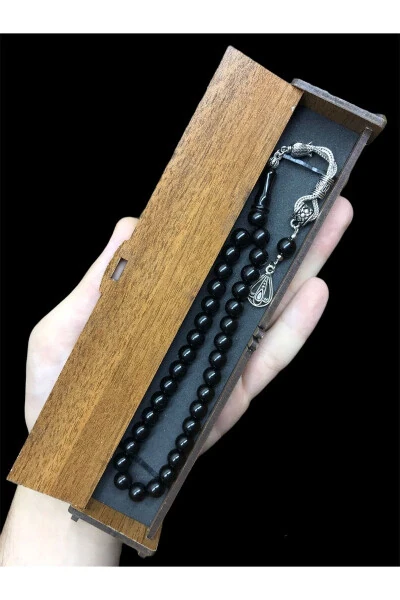 Oltu prayer beads with spherical design, wooden box, gift. - KANUNİ TESBİH