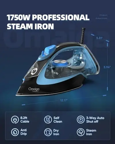 OMAIGA Cordless Iron for Clothes, 1500W Steam Iron Rapid Heating, Non-Stick Ceramic Soleplate, Auto Shut Off, Burst of Steam, Self-Clean, Anti Drip, 3 Temperature Settings, 11.84oz Water Tank, Black - OMAIGA (1)