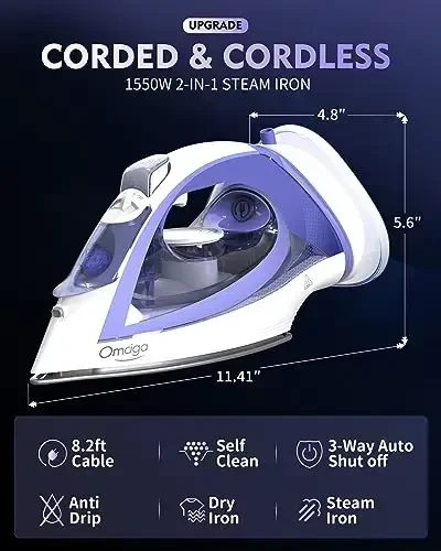 OMAIGA Cordless Iron for Clothes, 1550W 2-In-1 Cordless/Corded Steam Iron Rapid Heating, Ceramic Soleplate, 3-Way Auto-Off, Self-Cleaning, 12.85oz Water Tank Ironing Clothes for Home, Purple - 11