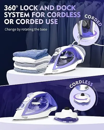 OMAIGA Cordless Iron for Clothes, 1550W 2-In-1 Cordless/Corded Steam Iron Rapid Heating, Ceramic Soleplate, 3-Way Auto-Off, Self-Cleaning, 12.85oz Water Tank Ironing Clothes for Home, Purple - 1