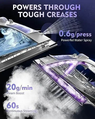 OMAIGA Cordless Iron for Clothes, 1550W 2-In-1 Cordless/Corded Steam Iron Rapid Heating, Ceramic Soleplate, 3-Way Auto-Off, Self-Cleaning, 12.85oz Water Tank Ironing Clothes for Home, Purple - 3