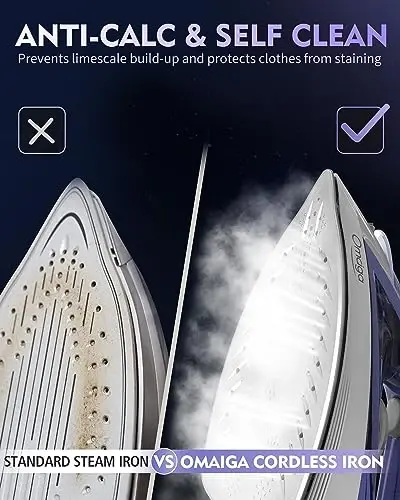 OMAIGA Cordless Iron for Clothes, 1550W 2-In-1 Cordless/Corded Steam Iron Rapid Heating, Ceramic Soleplate, 3-Way Auto-Off, Self-Cleaning, 12.85oz Water Tank Ironing Clothes for Home, Purple - 4