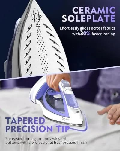 OMAIGA Cordless Iron for Clothes, 1550W 2-In-1 Cordless/Corded Steam Iron Rapid Heating, Ceramic Soleplate, 3-Way Auto-Off, Self-Cleaning, 12.85oz Water Tank Ironing Clothes for Home, Purple - 5