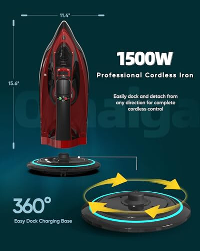 OMAIGA Kablosuz Ütü, 1500W Kablosuz Buharlı Ütü, 11.84oz Su Deposu, Anti Damlama Ütü, Seramik Tabanlı Kablosuz Ütü, 3 Sıcaklık Ayarlı Kablosuz Giysi Ütüsü - Kırmızı - 2