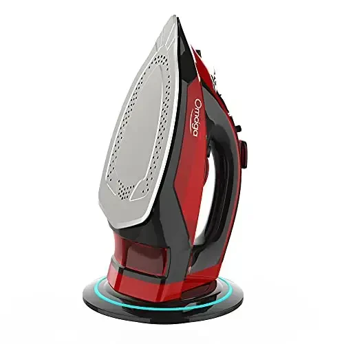 OMAIGA Cordless Iron for Clothes - 1500W Steam Iron with Non-Stick Ceramic Soleplate, Rapid Heating, Auto Shut Off, Burst of Steam, Self-Clean, Anti-Drip, Anti-Calc, 3 Temperature Settings, Red - 1