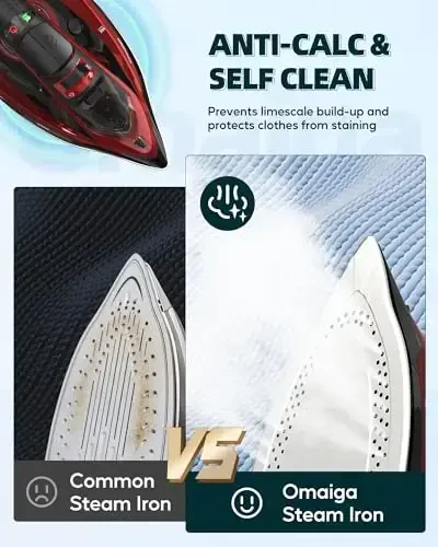 OMAIGA Cordless Iron for Clothes - 1500W Steam Iron with Non-Stick Ceramic Soleplate, Rapid Heating, Auto Shut Off, Burst of Steam, Self-Clean, Anti-Drip, Anti-Calc, 3 Temperature Settings, Red - 3