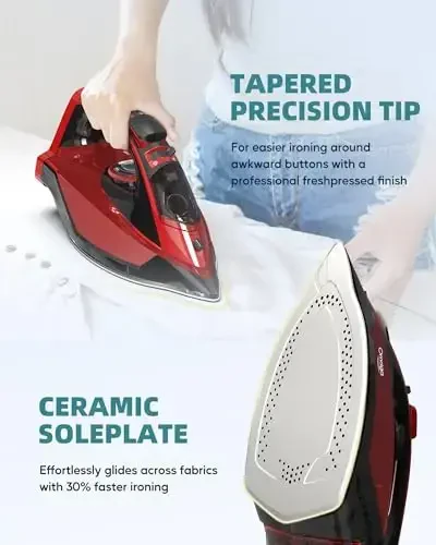 OMAIGA Cordless Iron for Clothes - 1500W Steam Iron with Non-Stick Ceramic Soleplate, Rapid Heating, Auto Shut Off, Burst of Steam, Self-Clean, Anti-Drip, Anti-Calc, 3 Temperature Settings, Red - 4