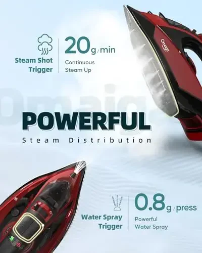 OMAIGA Cordless Iron for Clothes - 1500W Steam Iron with Non-Stick Ceramic Soleplate, Rapid Heating, Auto Shut Off, Burst of Steam, Self-Clean, Anti-Drip, Anti-Calc, 3 Temperature Settings, Red - 5