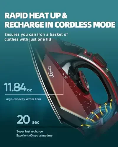 OMAIGA Cordless Iron for Clothes - 1500W Steam Iron with Non-Stick Ceramic Soleplate, Rapid Heating, Auto Shut Off, Burst of Steam, Self-Clean, Anti-Drip, Anti-Calc, 3 Temperature Settings, Red - 6