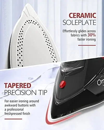 OMAIGA Cordless Iron for Clothes, 1500W Steam Iron Rapid Heating, Non-Stick Ceramic Soleplate, Auto Shut Off, Burst of Steam, Self-Clean, Anti Drip, 3 Temperature Settings, 11.84oz Water Tank, Black - 6