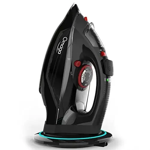 OMAIGA Cordless Iron for Clothes, 1500W Steam Iron Rapid Heating, Non-Stick Ceramic Soleplate, Auto Shut Off, Burst of Steam, Self-Clean, Anti Drip, 3 Temperature Settings, 11.84oz Water Tank, Black - 1