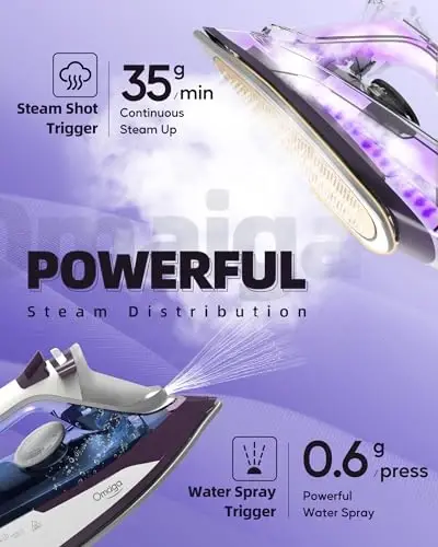 OMAIGA Steam Iron for Clothes - 1750W Iron with Upgrade Double-Layer Ceramic Soleplate, Burst of Steam, 3-Way Auto-Off, Self-Cleaning, Anti-Calc, 13.5oz Water Tank Ironing Clothes for Home, Purple - 4