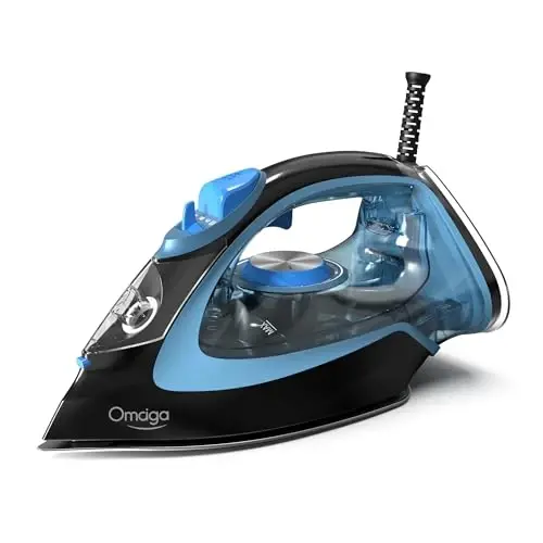 OMAIGA simsiz dazmol kiyimlar uchun, 1500W bug 'dazmoli tez isitish, yopishmaydigan keramika taglik, avtomatik o'chirish, bug' purkash, o'z-o'zini tozalash, tomchilashga qarshi, 3 harorat sozlamalari, 11,84oz suv idishi, qora 