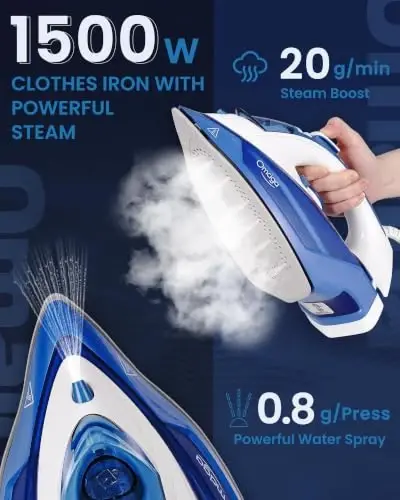 OMAIGA Steam Iron for Clothes, 1500W Clothes Iron with 3-Way Auto-Off, Durable Ceramic Soleplate, Iron for Clothes with 11.8oz Water Tank, Steam Iron with Self-Cleaning, Anti-calc Function 