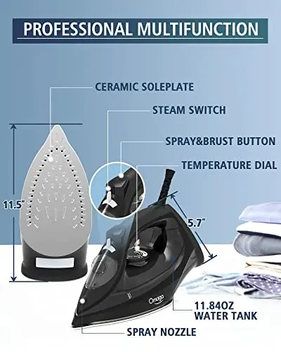 OMAIGA Steam Iron for Clothes, 1500W Iron with Rapid Heating, Non-Stick Ceramic Soleplate, Burst of Steam, Self-Cleaning, Auto-Off, Anti-Drip, 11.84oz Water Tank Ironing Clothes for Home, Black - 2