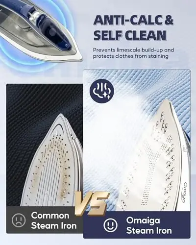 OMAIGA Steam Iron for clothes - 1750W Clothes Iron with Non-Stick Ceramic Soleplate, Powful Steam, 3-Way Auto-Off, Self-Cleaning, Anti-Calc, 13.52oz Water Tank Ironing Clothes for Home - 4