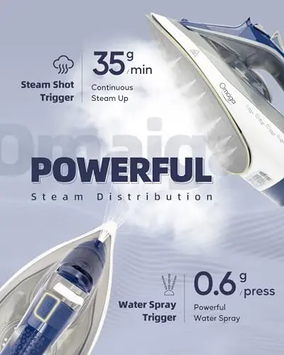 OMAIGA Steam Iron for clothes - 1750W Clothes Iron with Non-Stick Ceramic Soleplate, Powful Steam, 3-Way Auto-Off, Self-Cleaning, Anti-Calc, 13.52oz Water Tank Ironing Clothes for Home - 3