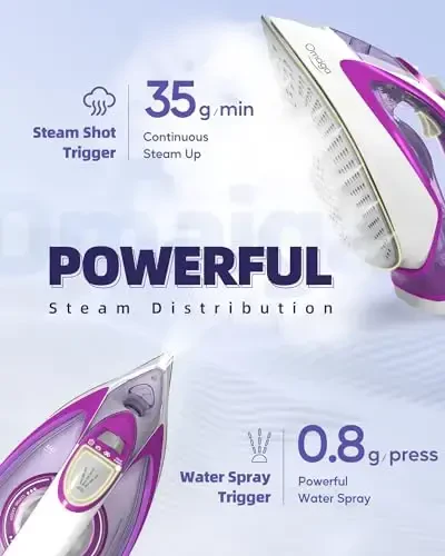 OMAIGA Steam Iron for Clothes, 1750W Iron with Rapid Heating, Non-Stick Ceramic Soleplate, Powerful Steam, Self-Cleaning, Auto-Off, Anti-Drip, 15.21oz Water Tank Ironing Clothes for Home, Purple - 3