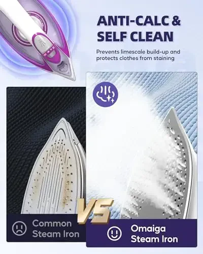 OMAIGA Steam Iron for Clothes, 1750W Iron with Rapid Heating, Non-Stick Ceramic Soleplate, Powerful Steam, Self-Cleaning, Auto-Off, Anti-Drip, 15.21oz Water Tank Ironing Clothes for Home, Purple - 4