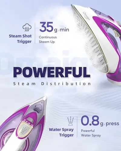 OMAIGA Steam Iron for Clothes, 1750W Iron with Rapid Heating, Non-Stick Ceramic Soleplate, Powerful Steam, Self-Cleaning, Auto-Off, Anti-Drip, 15.21oz Water Tank Ironing Clothes for Home, Purple - 2