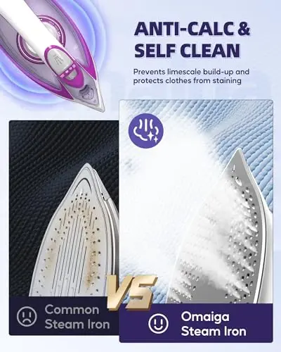 OMAIGA Steam Iron for Clothes, 1750W Iron with Rapid Heating, Non-Stick Ceramic Soleplate, Powerful Steam, Self-Cleaning, Auto-Off, Anti-Drip, 15.21oz Water Tank Ironing Clothes for Home, Purple - 3