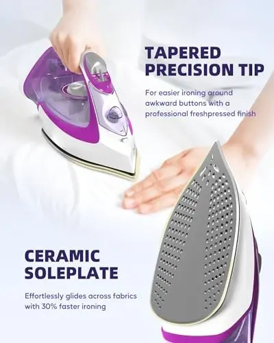 OMAIGA Steam Iron for Clothes, 1750W Iron with Rapid Heating, Non-Stick Ceramic Soleplate, Powerful Steam, Self-Cleaning, Auto-Off, Anti-Drip, 15.21oz Water Tank Ironing Clothes for Home, Purple - 4
