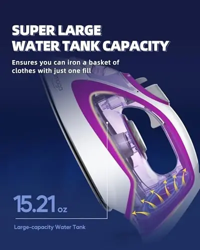 OMAIGA Steam Iron for Clothes, 1750W Iron with Rapid Heating, Non-Stick Ceramic Soleplate, Powerful Steam, Self-Cleaning, Auto-Off, Anti-Drip, 15.21oz Water Tank Ironing Clothes for Home, Purple - 5