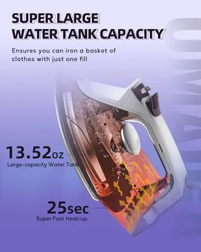 OMAIGA Steam Iron for Clothes - 1750W Iron with Upgrade Double-Layer Ceramic Soleplate, Burst of Steam, 3-Way Auto-Off, Self-Cleaning, Anti-Calc, 13.5oz Water Tank Ironing Clothes for Home, Purple 