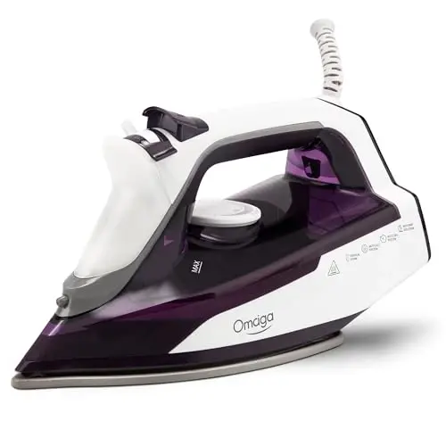 OMAIGA Steam Iron for Clothes - 1750W Iron with Upgrade Double-Layer Ceramic Soleplate, Burst of Steam, 3-Way Auto-Off, Self-Cleaning, Anti-Calc, 13.5oz Water Tank Ironing Clothes for Home, Purple - OMAIGA