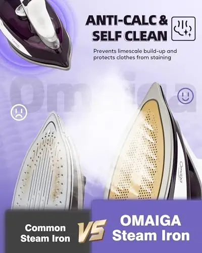 OMAIGA Steam Iron for Clothes - 1750W Iron with Upgrade Double-Layer Ceramic Soleplate, Burst of Steam, 3-Way Auto-Off, Self-Cleaning, Anti-Calc, 13.5oz Water Tank Ironing Clothes for Home, Purple - 5