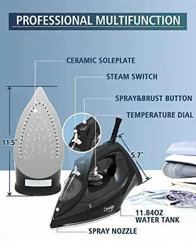 OMAIGA Steam Iron for Clothes, 1500W Iron with Rapid Heating, Non-Stick Ceramic Soleplate, Burst of Steam, Self-Cleaning, Auto-Off, Anti-Drip, 11.84oz Water Tank Ironing Clothes for Home, Black - 8