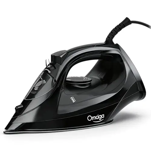 OMAIGA Steam Iron for Clothes, 1500W Iron with Rapid Heating, Non-Stick Ceramic Soleplate, Burst of Steam, Self-Cleaning, Auto-Off, Anti-Drip, 11.84oz Water Tank Ironing Clothes for Home, Black 