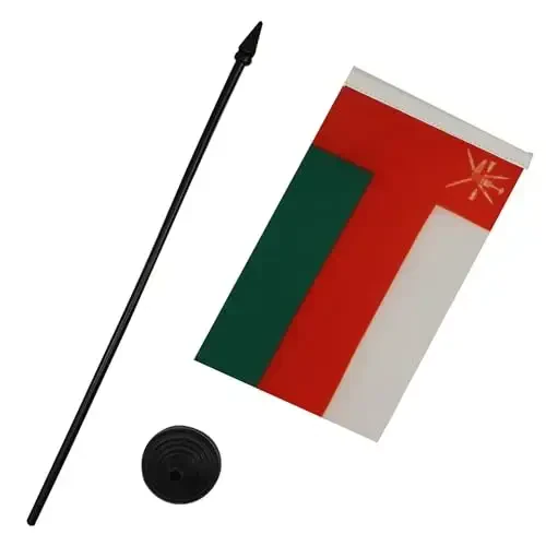 Oman Table Flag 4'' x 6'' - Omani Desk Flag 15 x 10 cm. - Black plastic stick and base - AZ FLAG - 3
