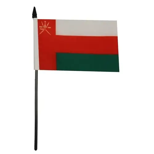 Oman Table Flag 4'' x 6'' - Omani Desk Flag 15 x 10 cm. - Black plastic stick and base - AZ FLAG 