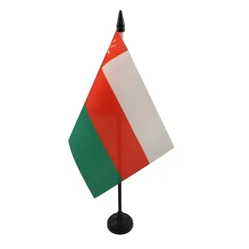 Oman Table Flag 4'' x 6'' - Omani Desk Flag 15 x 10 cm. - Black plastic stick and base - AZ FLAG - 2