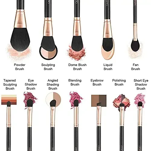 OMANIAC Makeup Brush Set Professional, 12 Pearlescent Wood Handle Makeup Brushes, Premium Cruelty-Free Synthetic Fiber Hair, Travel Make up Brushes Set with Case (Black). - 4