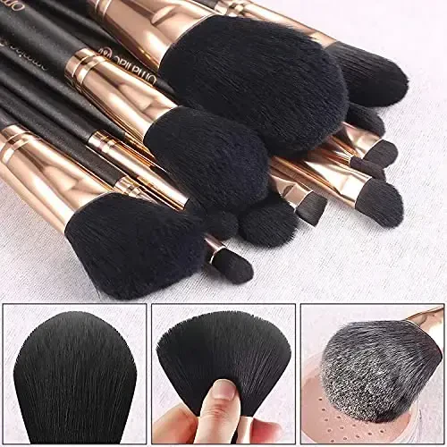 OMANIAC Makeup Brush Set Professional, 12 Pearlescent Wood Handle Makeup Brushes, Premium Cruelty-Free Synthetic Fiber Hair, Travel Make up Brushes Set with Case (Black). - OMANIAC (1)