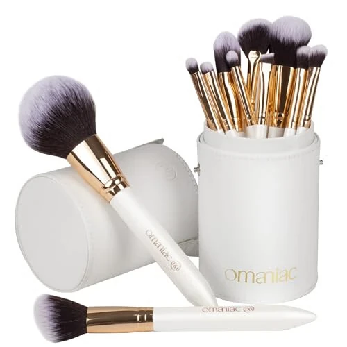 OMANIAC Makeup Brush Set Professional, 12 Pearlescent Wood Handle Makeup Brushes, Premium Cruelty-Free Synthetic Fiber Hair, Travel Make up Brushes Set with Case (White). - OMANIAC