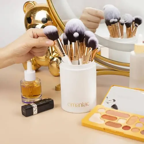 OMANIAC Makeup Brush Set Professional, 12 Pearlescent Wood Handle Makeup Brushes, Premium Cruelty-Free Synthetic Fiber Hair, Travel Make up Brushes Set with Case (White). - 2