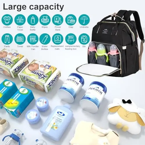 Baby Diaper Bag Backpack, with Changing Table, Newborn Baby Gift, Baby Bag for Boys and Girls, 900D Oxford Cloth Waterproof Diaper Bag, Multifunctional Large Capacity Travel Backpack (Large Black) - 2