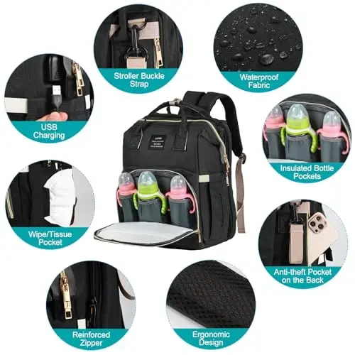 Baby Diaper Bag Backpack, with Changing Table, Newborn Baby Gift, Baby Bag for Boys and Girls, 900D Oxford Cloth Waterproof Diaper Bag, Multifunctional Large Capacity Travel Backpack (Large Black) - 5