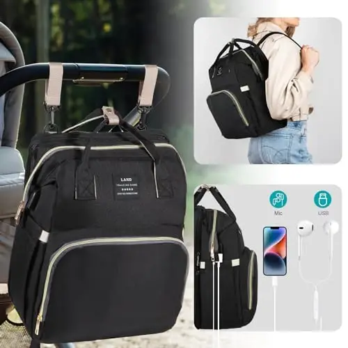 Baby Diaper Bag Backpack, with Changing Table, Newborn Baby Gift, Baby Bag for Boys and Girls, 900D Oxford Cloth Waterproof Diaper Bag, Multifunctional Large Capacity Travel Backpack (Large Black) - 7