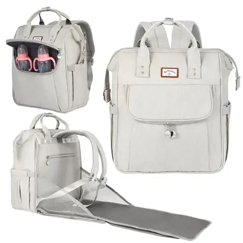 OMBрат Diaper Bag Backpack, with Diaper Changing Table Backpack, Foldable Diaper Pad, Lightweight Large Capacity, Essential Diaper Bag for Daily Travel (Light Gray) - 1