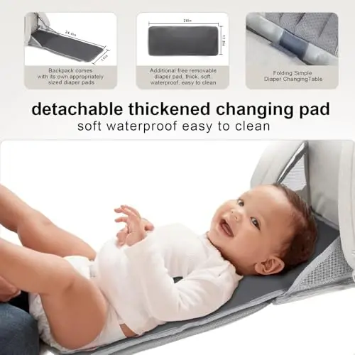 OMBрат Diaper Bag Backpack, with Diaper Changing Table Backpack, Foldable Diaper Pad, Lightweight Large Capacity, Essential Diaper Bag for Daily Travel (Light Gray) - 2