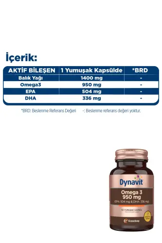 Omega 3 950 mg 30 Yumuşak Kapsül - Yüksek EPA & DHA -1400mg Balık Yağı-Fish Oil Kalp Sağlığı - 6