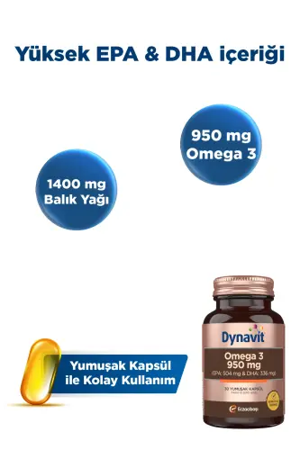 Omega 3 950 mg 30 Yumuşak Kapsül - Yüksek EPA & DHA -1400mg Balık Yağı-Fish Oil Kalp Sağlığı - DYNAVIT (1)