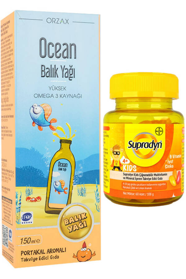 Omega 3 apelsin ta'mli baliq yog'i siropi 150ml + Supradyn bolalar uchun 60 ta chaynab olinishi mumkin bo'lgan tabletka - 1