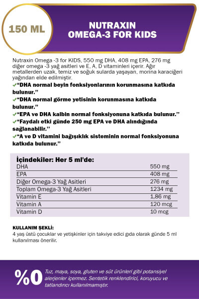 Omega 3 Baliq Yog'i 150 Ml Tutti Frutti Treska Jigari Yog'i - DHA 550 Mg EPA 408 Mg - NUTRAXIN (1)