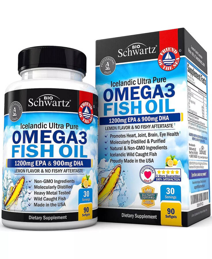 Omega 3 Fish Oil Supplement - 1200mg EPA and 900mg DHA Fatty Acid Per Serving from Wild Caught Fish - Supports Joint, Eyes, Brain & Skin Health - Burpless Lemon Flavor, Gluten-Free, 90 Softgels No Color - 1