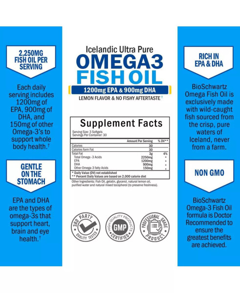 Omega 3 Fish Oil Supplement - 1200mg EPA and 900mg DHA Fatty Acid Per Serving from Wild Caught Fish - Supports Joint, Eyes, Brain & Skin Health - Burpless Lemon Flavor, Gluten-Free, 90 Softgels No Color - 2